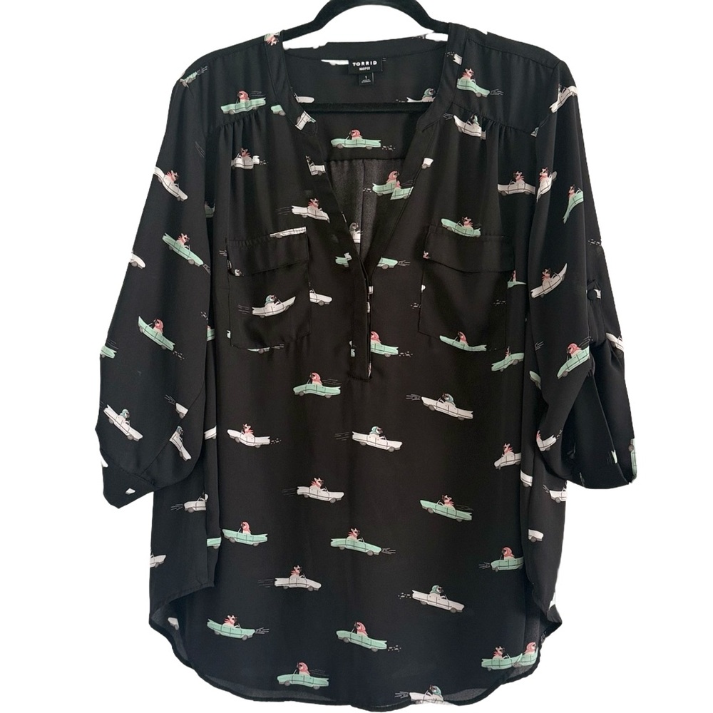 Torrid Black Blouse with Convertible Car Print
